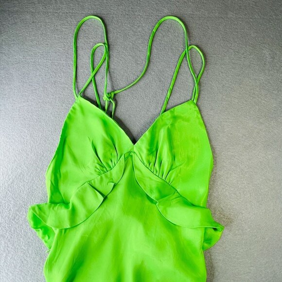 Farm Rio Ruffle Midi Dress Size M Satin Strappy Back Lime Green Plunge New Tags - Picture 8 of 16